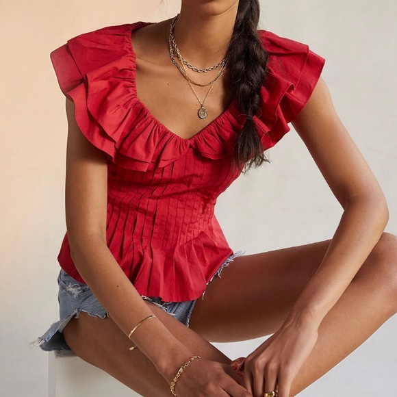 Maeve Tops - Anthro Forever That Girl Red Pintucked Pleated Ruffe Sleeveless Blouse Top PXXS